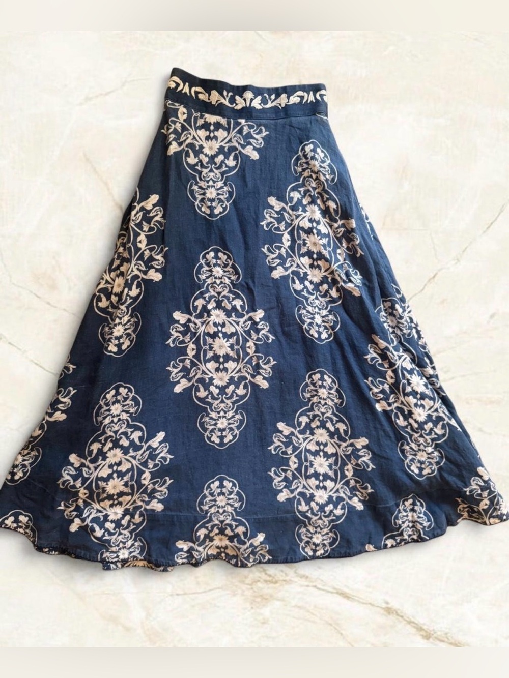 Agua Bendita Bergamota Ribbons 100% Linen Baroque Floral Maxi Skirt Boho Resort